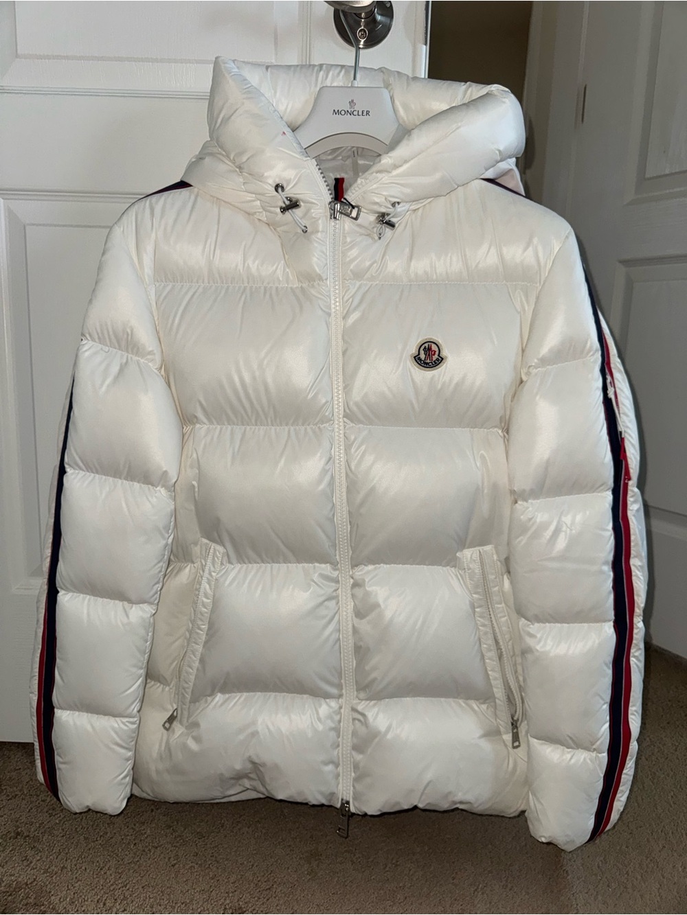 Moncler White Quilted Puffer Jacket with Tricolor Sleeve Stripes